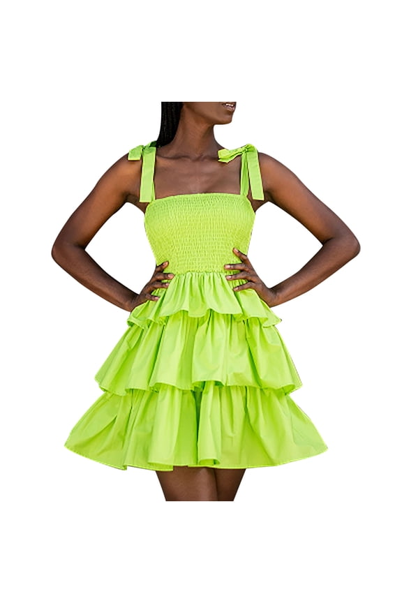 Women's Spring And Summer Temperament Lace-up Fashion Waist Closed Suspender Dress A-Line Solid Color Dress