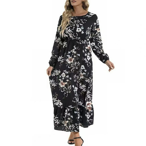 IROINNID Women's Spring Plus Size Dresses Round-Neck Loose Long Sleeve Dress