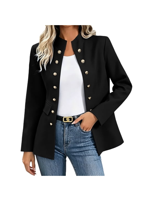 Women's Stand Collar Military Blazer Double Breasted Gold Button Long Sleeve Jacket for Office Work Business Casual and Daily Wear