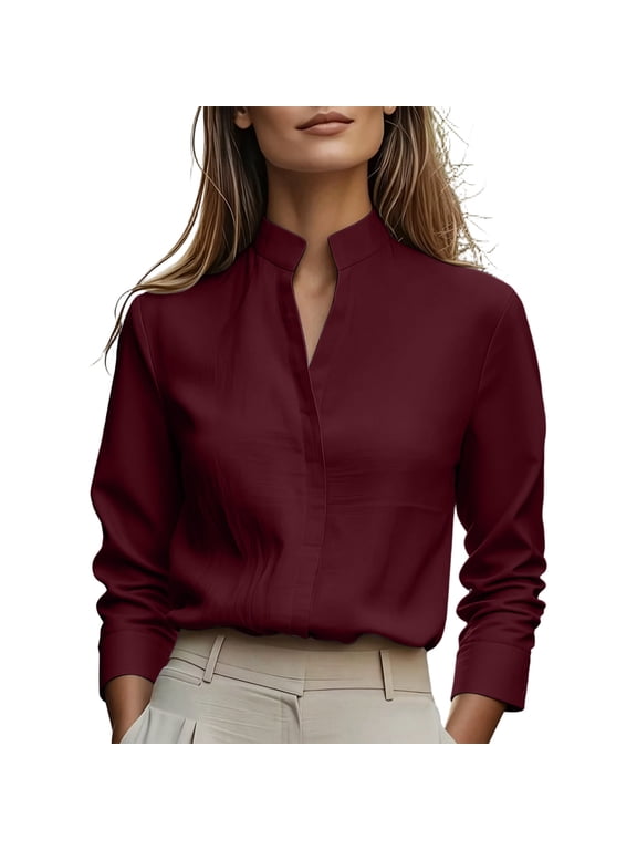 Women's Stand Collar V Neck Long Sleeve Blouse with Concealed Button Front Elegant Work Office Business Casual Shirt.