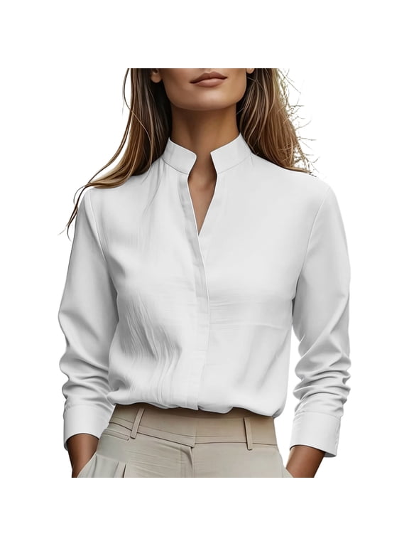Women's Stand Collar V Neck Long Sleeve Blouse with Concealed Button Front Elegant Work Office Business Casual Shirt.