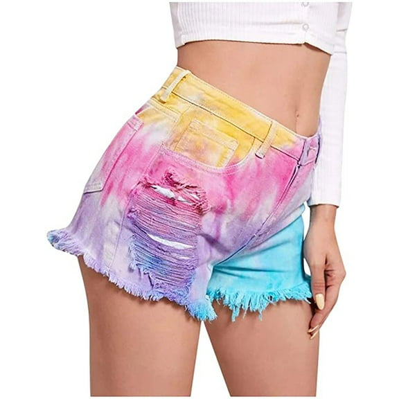 IROINNID Women's Stylish Frayed Hem Tie-dye Comfy Denim Shorts With Pocket