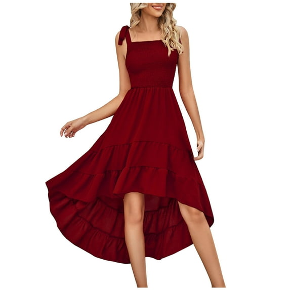 IROINNID Women's Summer Boho Spaghetti Strap Square Neck Ruffle Beach Long Maxi Dress A-Line Solid Color Dress