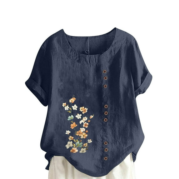 IROINNID Women's Summer Buttons Oversize Casual Round-Neck Short Sleeve Floral Printing Loose Shirt Tops Spring Saving