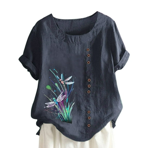 IROINNID Women's Summer Casual Round Neck Short Sleeve Graphic Leisure Printing Loose Shirt Tops