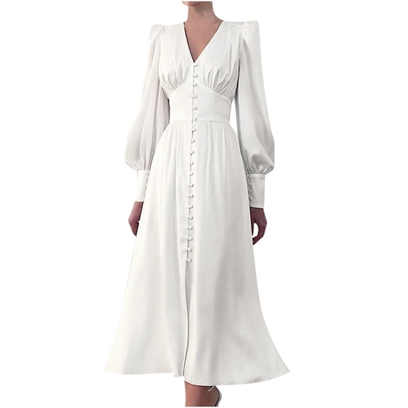 IROINNID Women's Summer Dresses V-Neck Long Lantern Sleeve Soild Color Long Dress