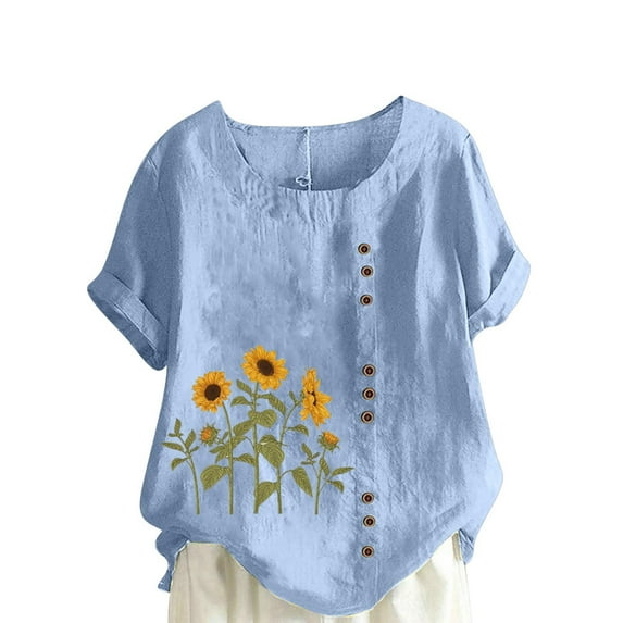 IROINNID Women's Summer Fashion Tops Oversize Casual Round-Neck Short Sleeve Comfy Flower Printing Loose Shirt Tops Under 10$