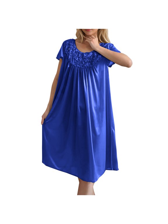 Women's Summer Lace Sleep Dress,Plus Size Ice Silk Short Sleeve Nightgown,Mid-Calf Length Loose-FIT Casual Wear,Casual Homewear for All Seasons