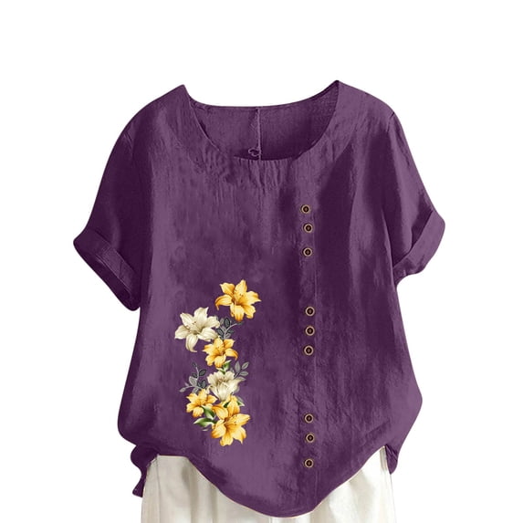 IROINNID Women's Summer Oversize Casual Round-Neck Roll Cuff Comfy Short Sleeve Flower Printing Loose Shirt Tops