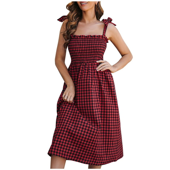 IROINNID Women's Summer Sexy Fashion Casual Contrast Plaid Sling Bandage Midi Dress A-Line Solid Color Dress