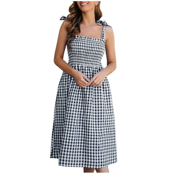 IROINNID Women's Summer Sexy Fashion Casual Contrast Plaid Sling Bandage Midi Dress A-Line Solid Color Dress