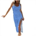 thumbnail image 1 of IROINNID Women's Summer Sleeveless Full Length Bodycon Dress Printed Ribbed Drawstring Ruched High Split Dresses, Light Blue, 1 of 5
