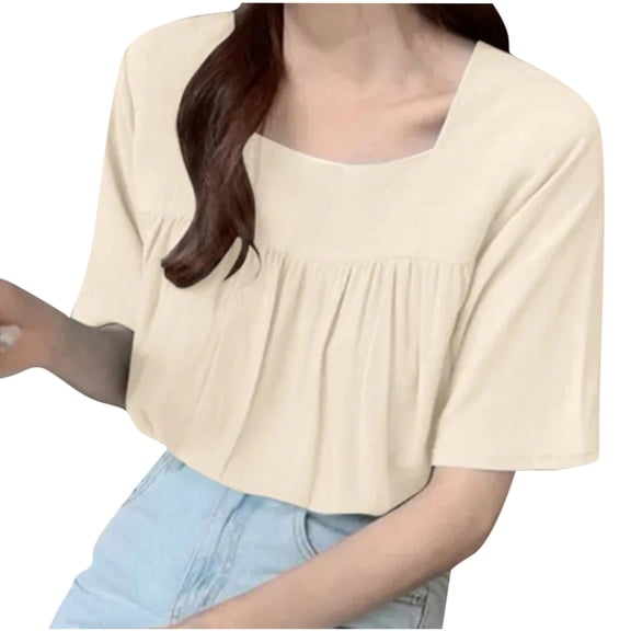 IROINNID Women's Summer Versatile Minimalist Short Sleeves Casual Tops Square Neck Solid Color Blouse