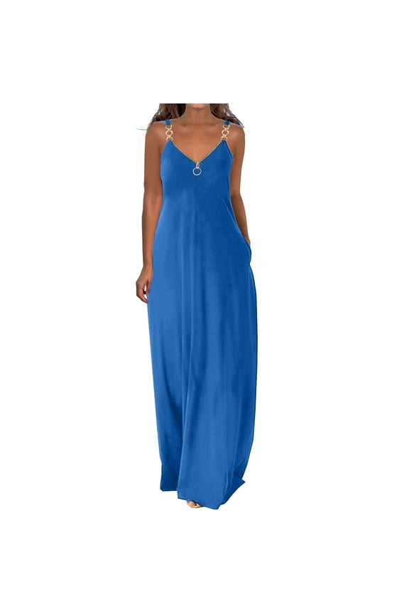 Women's Sundress Summer Dresses For Casual Boho Solid Color Hoop Sling Beach Long Maxi Dress With Pockets V-Neck Comfort Waist Dress