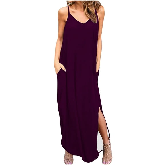 IROINNID Women's Sundress V-Neck Sleeveless Fashion Casual Dresses Summer Pullover Dress Solid Color Full-Length Dress