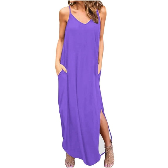 IROINNID Women's Sundress V-Neck Sleeveless Fashion Casual Dresses Summer Pullover Dress Solid Color Full-Length Dress