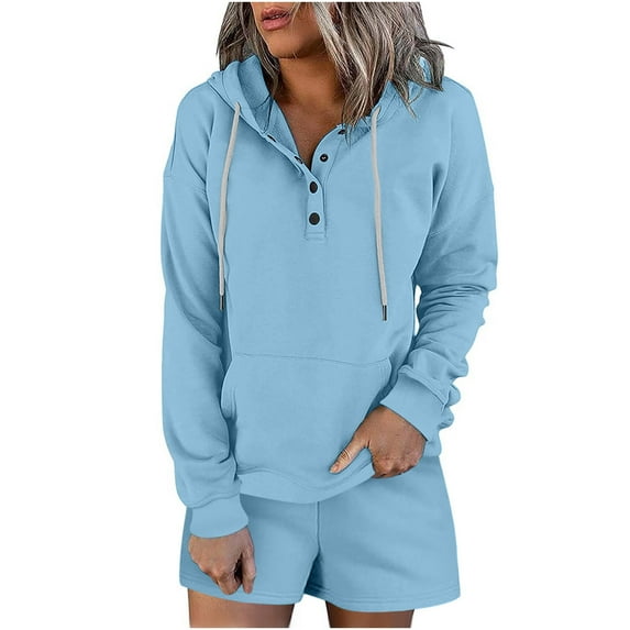 IROINNID Women's Sweatsuit Pullover Two Piece Sport Sets Long Sleeve Hoodies with Shorts Activewear Outfits Sets,Light Blue