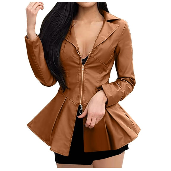 IROINNID Women's Swing Coat Jacket Notch Lapel Solid Color Long Sleeve Casual Ladies Coat Jacket Zipper Turn Down Outerwear, Brown