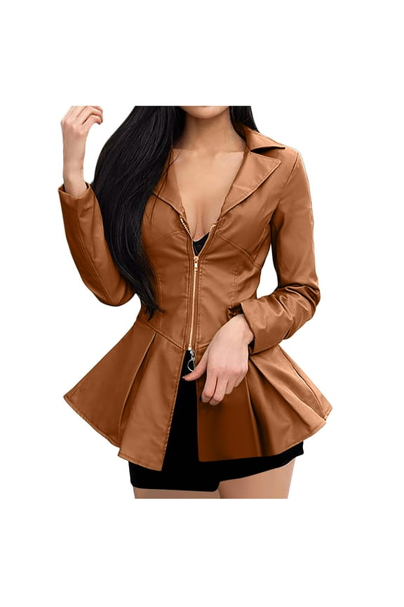 Women's Swing Coat Jacket Notch Lapel Solid Color Long Sleeve Casual Ladies Coat Jacket Zipper Turn Down Outerwear, Brown