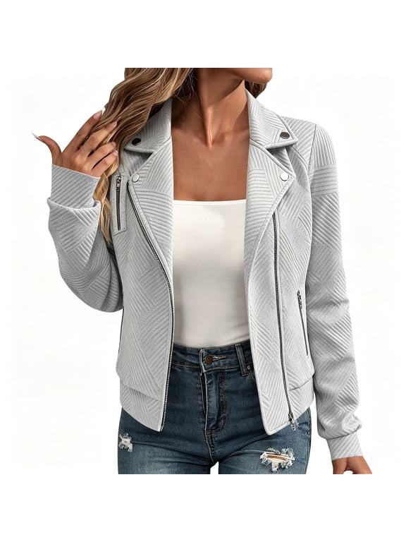 Women's Textured Moto Jacket Zip Up Lapel Collar Long Sleeve Coat with Pockets for Casual Daily Wear and Edgy Outfits