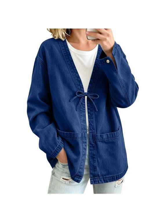 Women's Tie Front Denim Jacket Long Sleeve Drawstring Open Front Jean Coat with Pockets for Casual Spring Fall Daily Wear and Layering Outfits
