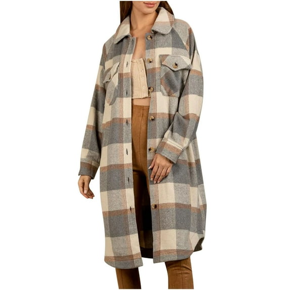 IROINNID Women's Trench Coat Long Sleeve Plaid Turndown Lapel Outwear, Casual Winter 2022 Lapel Large Pocket Long Plaid Coat Cardigan