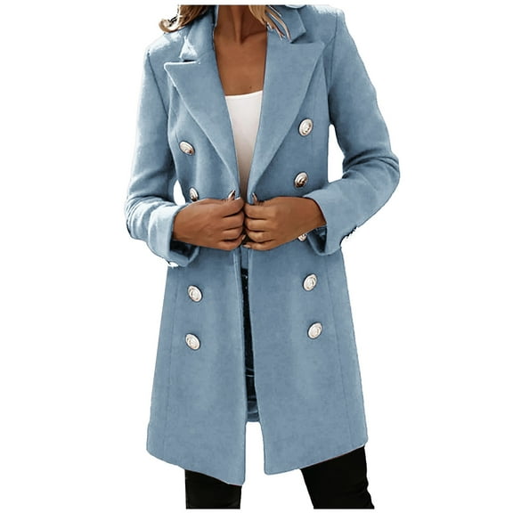 IROINNID Women's Trench Coat Notch Lapel Solid Color Long Sleeve Loose Casual Buttons Loose Hoodless Outerwear Tops, Light Blue