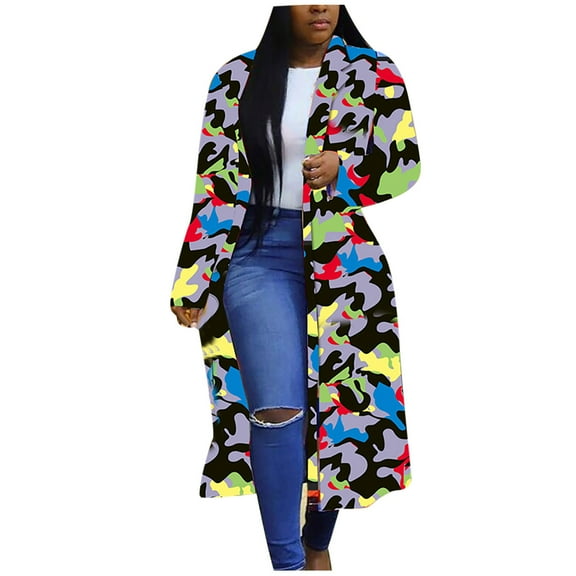 IROINNID Women's Trench Coat Plaid Long Sleeve Comfy Plaid Double-breasted Coat Jacket, Camouflage