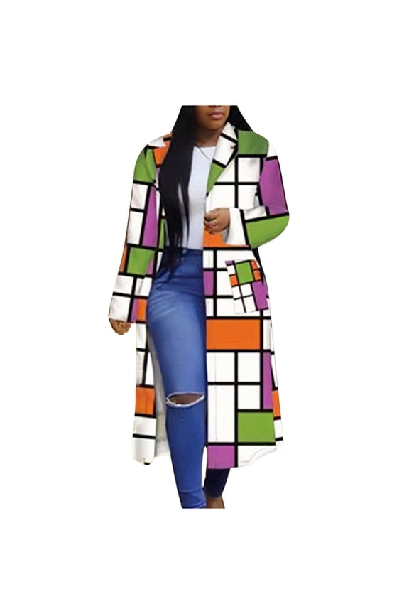 Women's Trench Coat Plaid Long Sleeve Comfy Plaid Double-breasted Coat Jacket, Orange