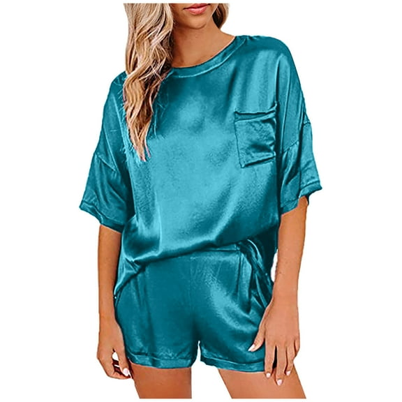 IROINNID Women's Two Piece Sets Silk Solid Sleepwear Nightwear with Shorts Casual Pajamas Sets,Blue