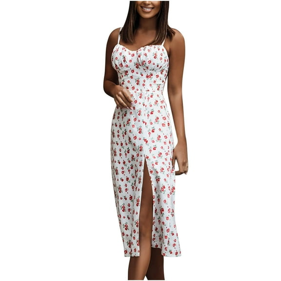 IROINNID Women's V-Neck A-Line Dress Fashion Bohemian Loose Sleeveless Print Mid-Calf Dress Full-Length Dress