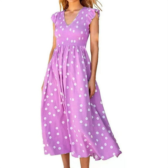 IROINNID Women's V-Neck A-Line Dress Fashion Casual Dot Printing Sleeveless Tie-in Waist Long Dress Full-Length Dress