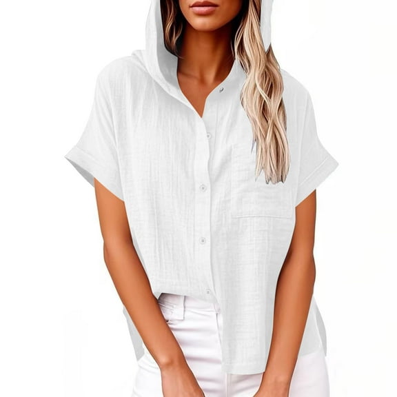 IROINNID Women's V-Neck Hooded Button Blouse Cotton Linen Summer Shirt Loose Fits Work Clothes Casual Tunic Tops(White,)