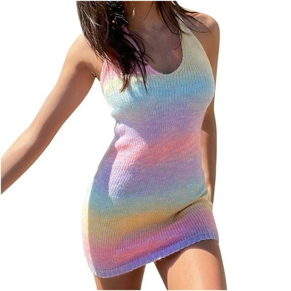 IROINNID Women's V-Neck Sheath Dress Fashion Multicolor Halter Sleeveless Bandage Crocheted Dress Short Dress