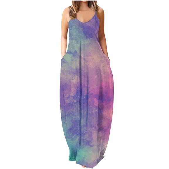 IROINNID Women's V-Neck Shift Dress Fashion Sling Mid-waist Sleeveless Slim Beach Stripe Floral Printing Full-Length Dress