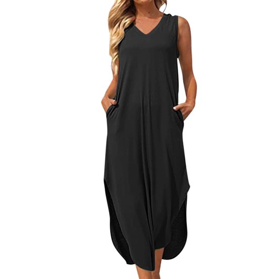 IROINNID Women's V-Neck Shift Dress Gorgeous Fashion Sleeveless Solid Ladies Pocket Vest Long Dress Ankle-Length Dress
