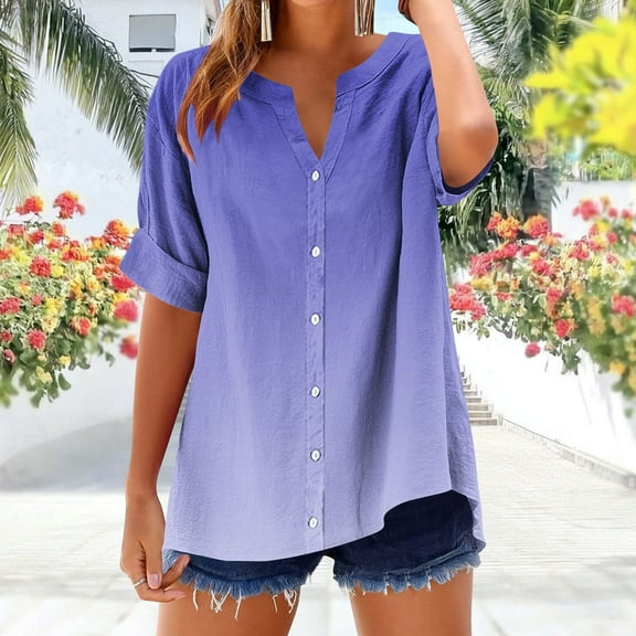IROINNID Women's V-Neck Short Sleeve Printed T-Shirt Summer Button Casual Tops Loose Fits Non-Positioning Beach Tee(Purple,XL)
