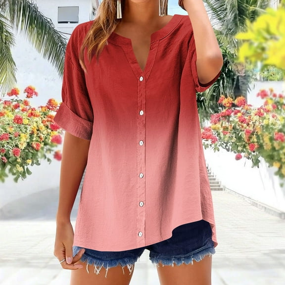 IROINNID Women's V-Neck Short Sleeve Printed T-Shirt Summer Button Casual Tops Loose Fits Non-Positioning Beach Tee(Red,2XL)