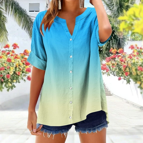 IROINNID Women's V-Neck Short Sleeve Printed T-Shirt Summer Button Casual Tops Loose Fits Non-Positioning Beach Tee(Yellow,M)