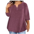 thumbnail image 1 of IROINNID Women's V-Neck Solid Color 3/4 Sleeve Oversized T-Shirt Trendy Fashion Tops,Loose Fits Basic Blouse,Breathable Summer and Spring Wear(Wine,), 1 of 6