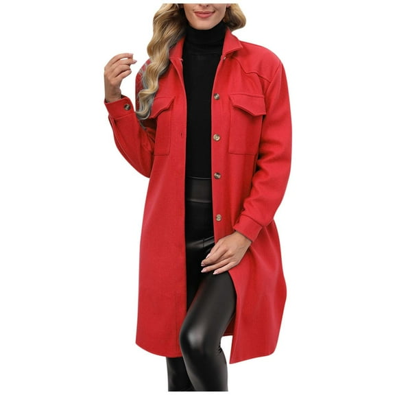 IROINNID Women's Winter Jacket Coat Turndown Lapel Solid Color Long Sleeve Warm Woolenlen Coat Recreational Tops, Red