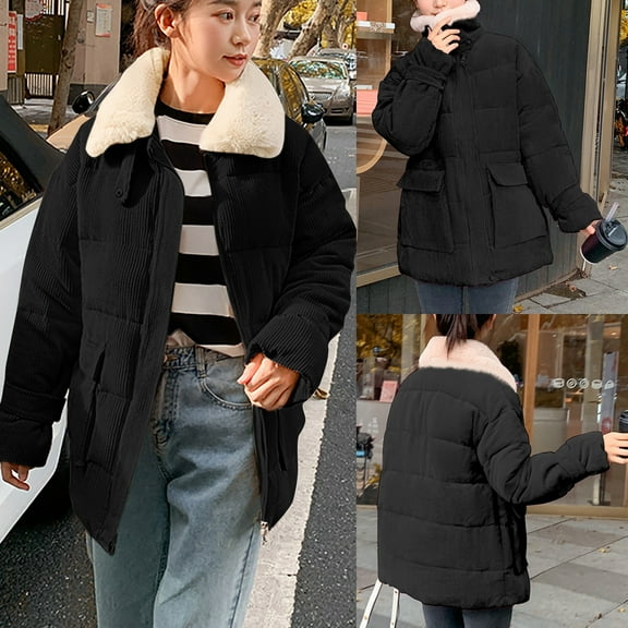 IROINNID Women's Winter Warm Mid-Length Coat Turndown Lapel Solid Color Parka Long Sleeve Outwear, Black