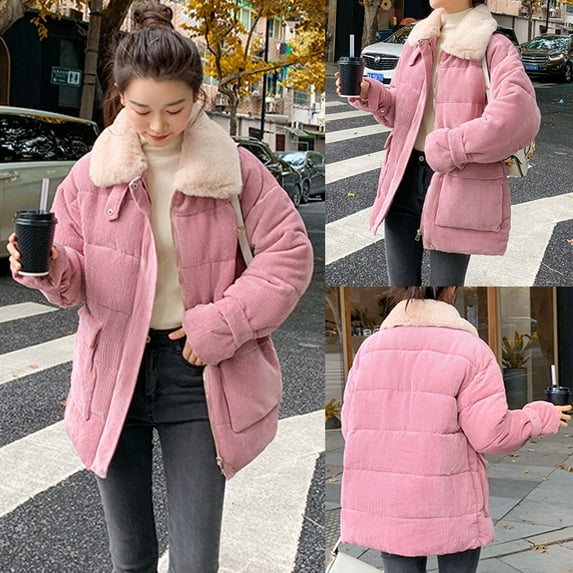 IROINNID Women's Winter Warm Mid-Length Coat Turndown Lapel Solid Color Parka Long Sleeve Outwear, Pink
