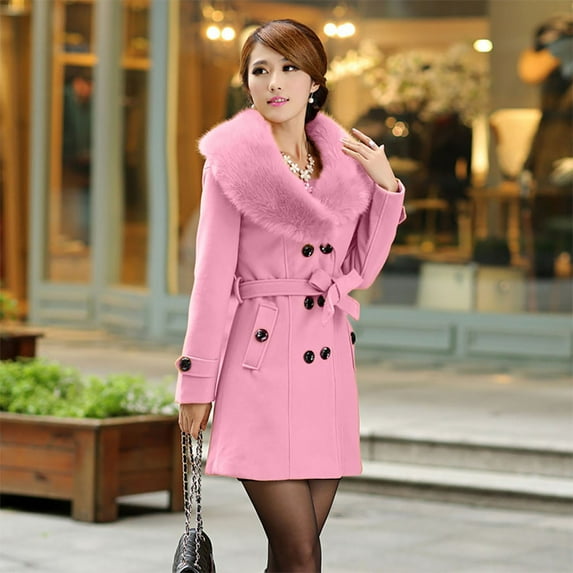 IROINNID Women's Winter Warm Mid-Long Coat Solid Color Anorak Jacket Long Sleeve Double Breasted Elegant Outwear, Pink