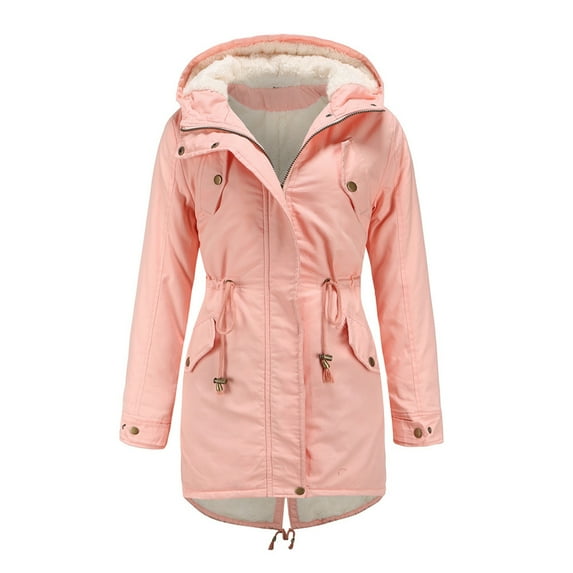 IROINNID Women's Winter Warm Mid-Long Coat Solid Color Hoodie Parka Long Sleeve Full Zip Outwear, Pink