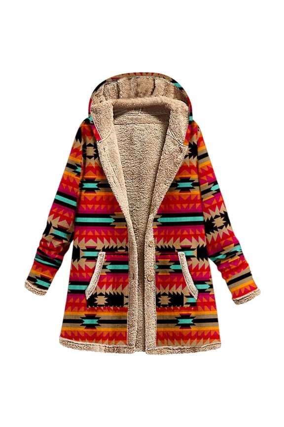 Women's Winter Warm Mid-Long Coat Stripes Anorak Jacket Long Sleeve Outwear, Red