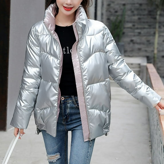 IROINNID Women's Winter Warm Short Coat Stand Collar Solid Color Puffer Long Sleeve Comfy Outwear, Silver