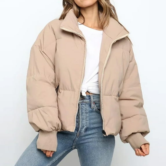 IROINNID Women's Winter Warm Short Coat Stand Collar Solid Color Puffer Long Sleeve Zip Up Outwear, Khaki
