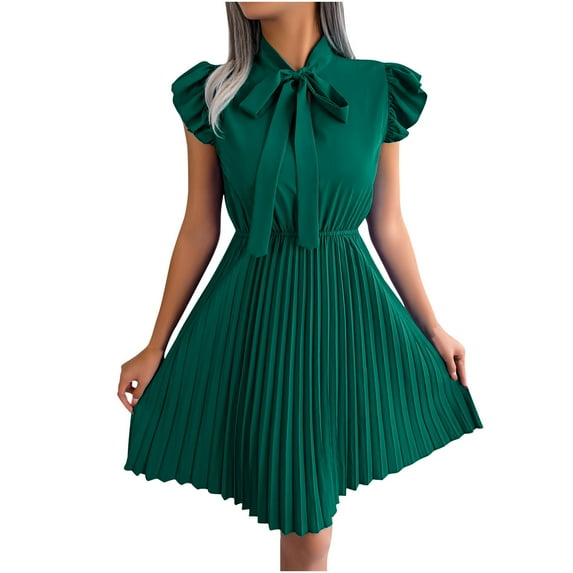 IROINNID Women's Wood Ear Lace Up Bow Tie Waist Large Swing Pleated Dress A-Line Solid Color Dress