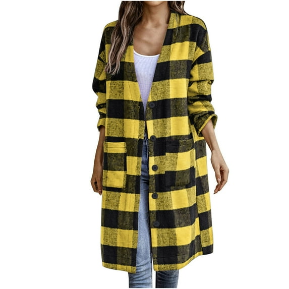 IROINNID Women's Woolen Coat Long Sleeve Stripes Outwear, Comfy Plaid Vintage Lapel Wool Coat